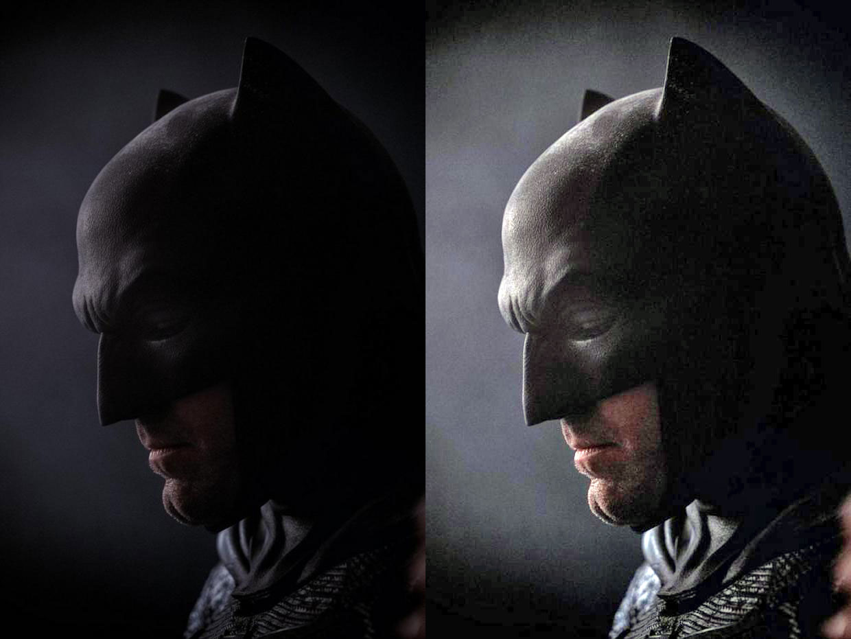 Ben Affleck In Bat Cowl Original Left And Lightened Right